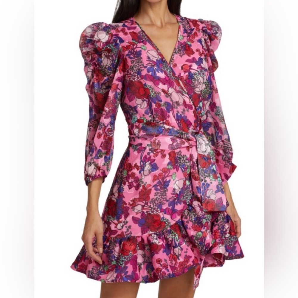 Tanya Taylor pink floral long sleeve warp dress